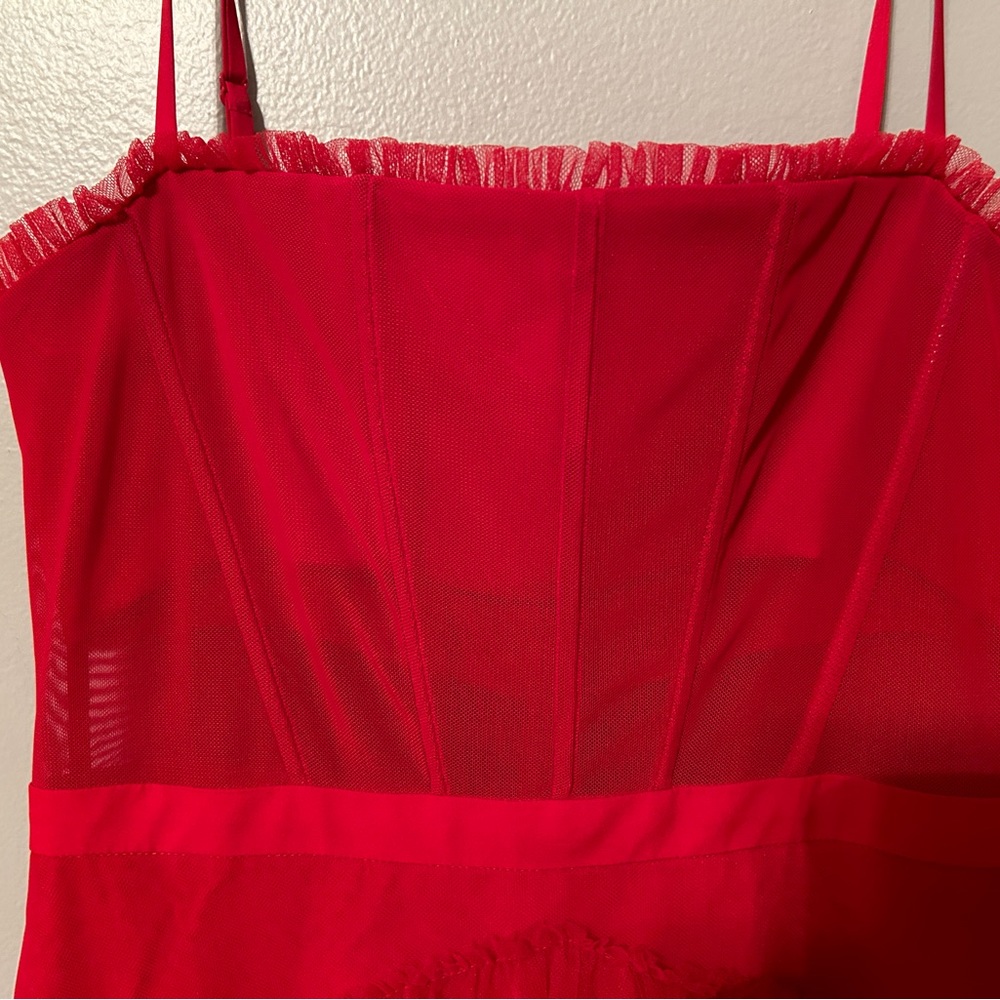 Betsy & Adam Red Tiered Tulle Prom Dress - Picture 3 of 10
